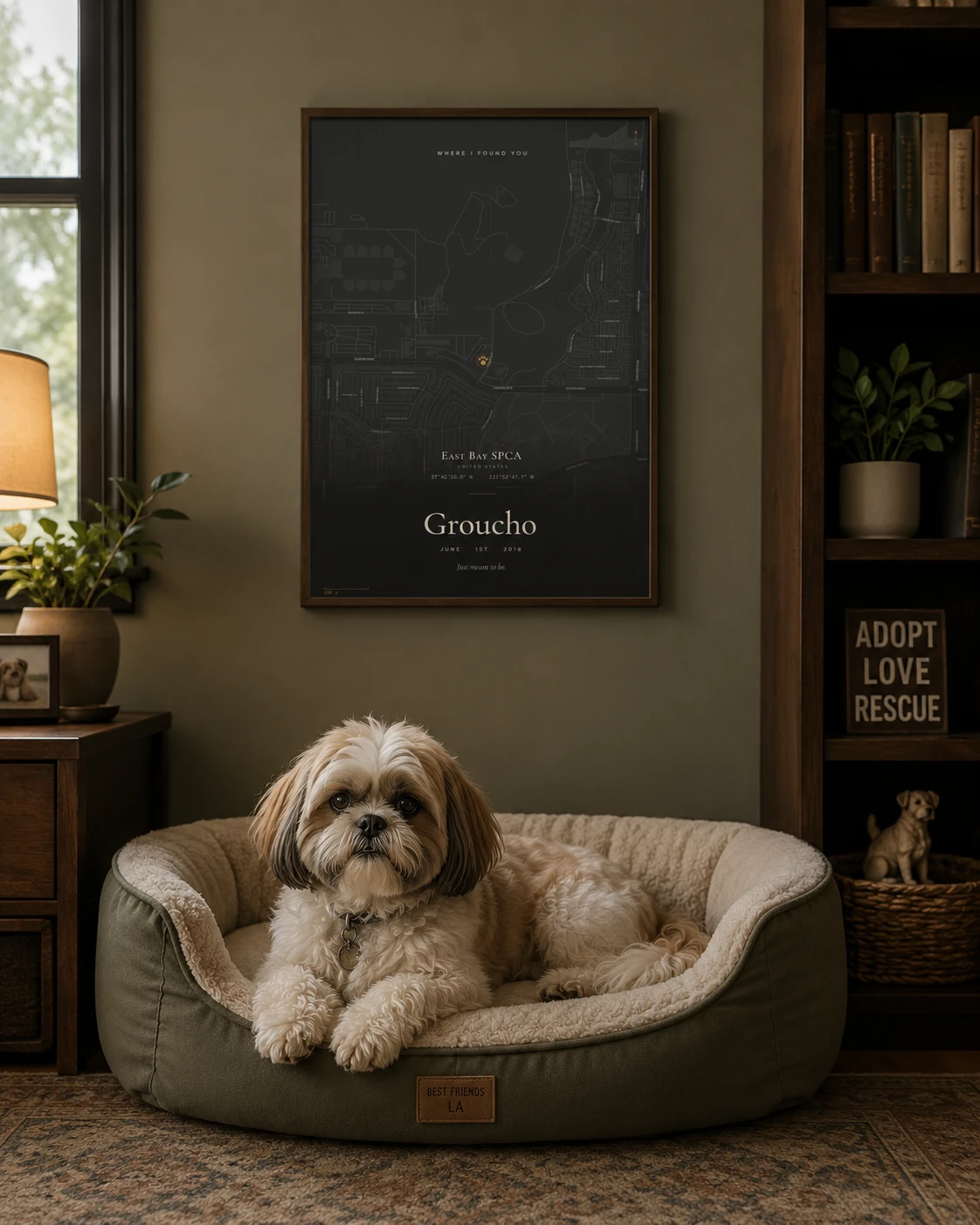 Dark Companion poster framed above a dog bed, Shih Tzu rescue lounging beneath